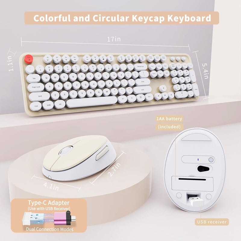 SkyGive Wireless Keyboard and Mouse Combo, Ergonomic Full Size Typewriter Retro Round Keycaps Keyboard, Compatible with Windows, PC, Perfer for Home and Office Keyboards (Beige - Image 5